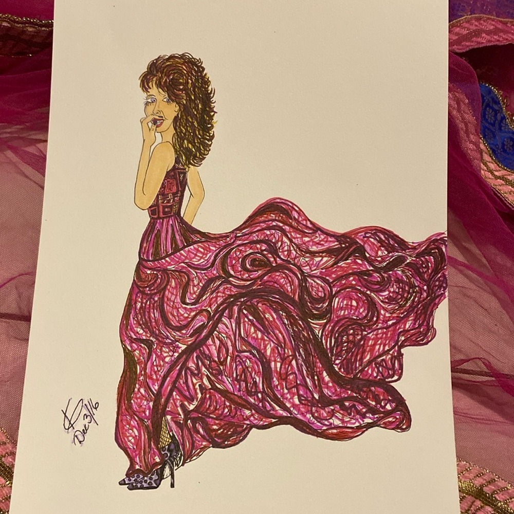 Unframed Original Art Drawing Fashionable Lady in Flowing Dress & Heel AB Artist